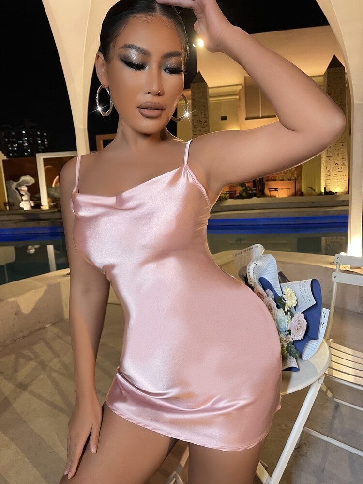 Satin Solid Cowl Neck Cami Dress - Baby Pink - View 4