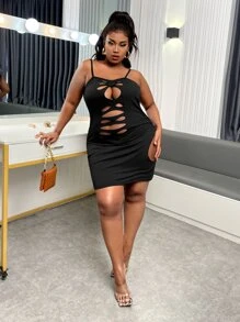 Slaydiva Plus Cut Out Cami Bodycon Dress - Black - View 3