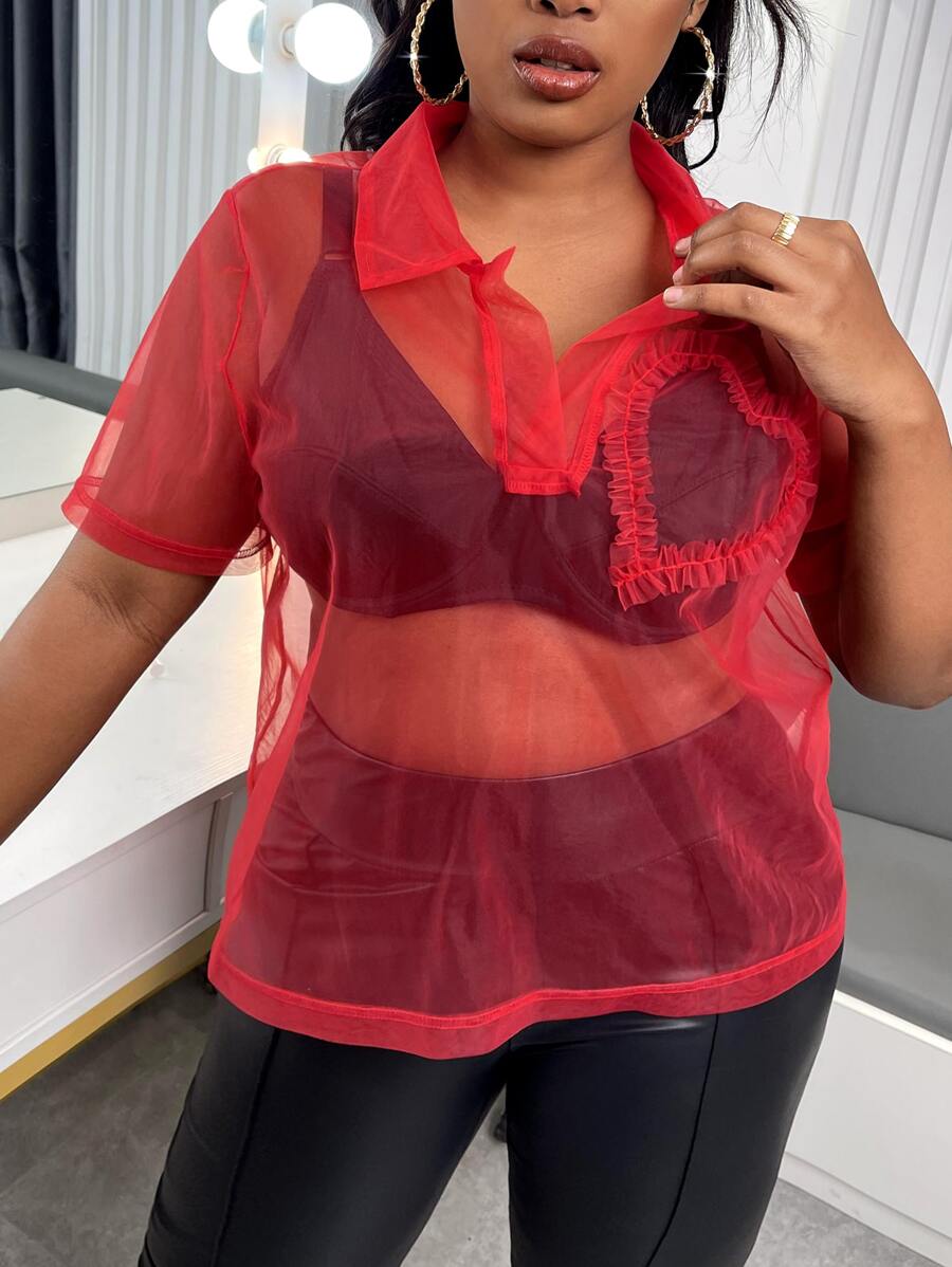 大碼褶邊網紗不附胸罩上衣 - 紅色 - 查看 1
