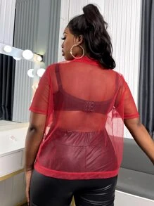 大碼褶邊網紗不附胸罩上衣 - 紅色 - 查看 2