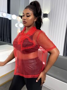 大碼褶邊網紗不附胸罩上衣 - 紅色 - 查看 3