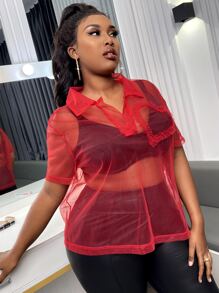 大碼褶邊網紗不附胸罩上衣 - 紅色 - 查看 5