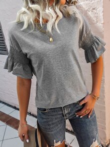 SHEIN Unity Áo thun nữ Xù Dải chun màu trơn Giải trí - Xám - Xem 1