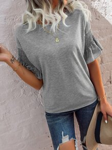 SHEIN Unity Áo thun nữ Xù Dải chun màu trơn Giải trí - Xám - Xem 3