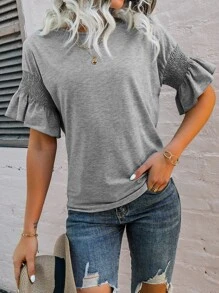 SHEIN Unity Áo thun nữ Xù Dải chun màu trơn Giải trí - Xám - Xem 7