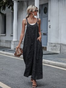 SHEIN LUNE Polka Dot Slant Pockets Tie Shoulder Jumpsuit Without Tube Top - Black - View 1