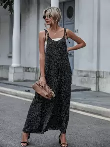 SHEIN LUNE Polka Dot Slant Pockets Tie Shoulder Jumpsuit Without Tube Top - Black - View 3