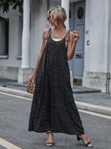 SHEIN LUNE Polka Dot Slant Pockets Tie Shoulder Jumpsuit Without Tube Top - Black - View 4