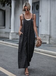 SHEIN LUNE Polka Dot Slant Pockets Tie Shoulder Jumpsuit Without Tube Top - Black - View 6