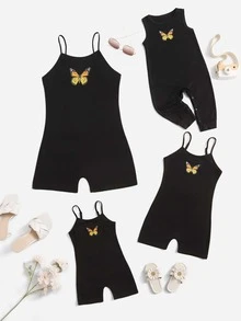 小女童1入組蝴蝶圖案吊帶連體短褲 - 黑色 - 查看 3