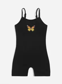 小女童1入組蝴蝶圖案吊帶連體短褲 - 黑色 - 查看 1
