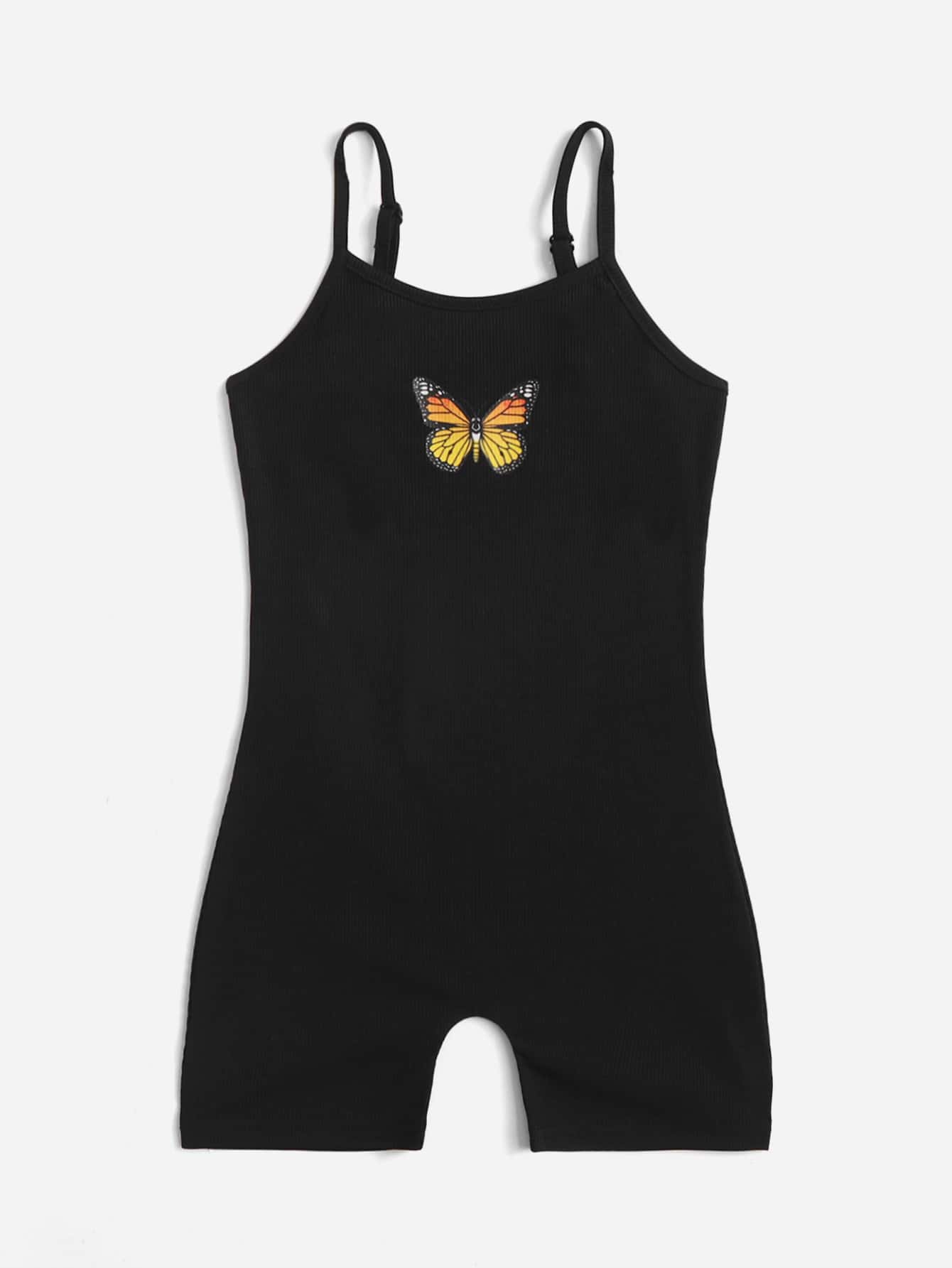 小女童1入組蝴蝶圖案吊帶連體短褲 - 黑色 - 查看 1