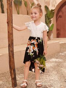 Đầm bé gái Tương phản ren Cao thấp Xù Khối Màu Hoa Boho - Đen và trắng - Xem 1