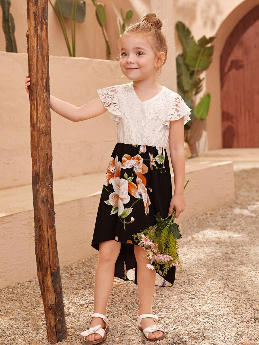 Đầm bé gái Tương phản ren Cao thấp Xù Khối Màu Hoa Boho - Đen và trắng - Xem 1