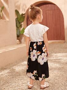 Đầm bé gái Tương phản ren Cao thấp Xù Khối Màu Hoa Boho - Đen và trắng - Xem 2