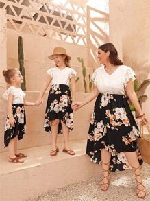 Đầm bé gái Tương phản ren Cao thấp Xù Khối Màu Hoa Boho - Đen và trắng - Xem 3