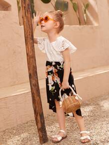 Đầm bé gái Tương phản ren Cao thấp Xù Khối Màu Hoa Boho - Đen và trắng - Xem 4