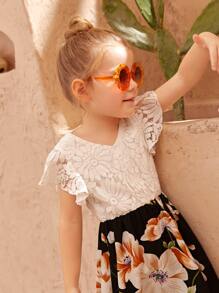 Đầm bé gái Tương phản ren Cao thấp Xù Khối Màu Hoa Boho - Đen và trắng - Xem 5