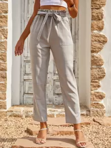 SHEIN LUNE Paperbag Waist Belted Plaid Trousers - Khaki - View 3