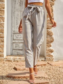 SHEIN LUNE Paperbag Waist Belted Plaid Trousers - Khaki - View 5