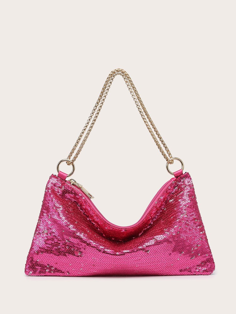 滿版亮片裝飾手拿包 - 玫紅色 - 查看 1