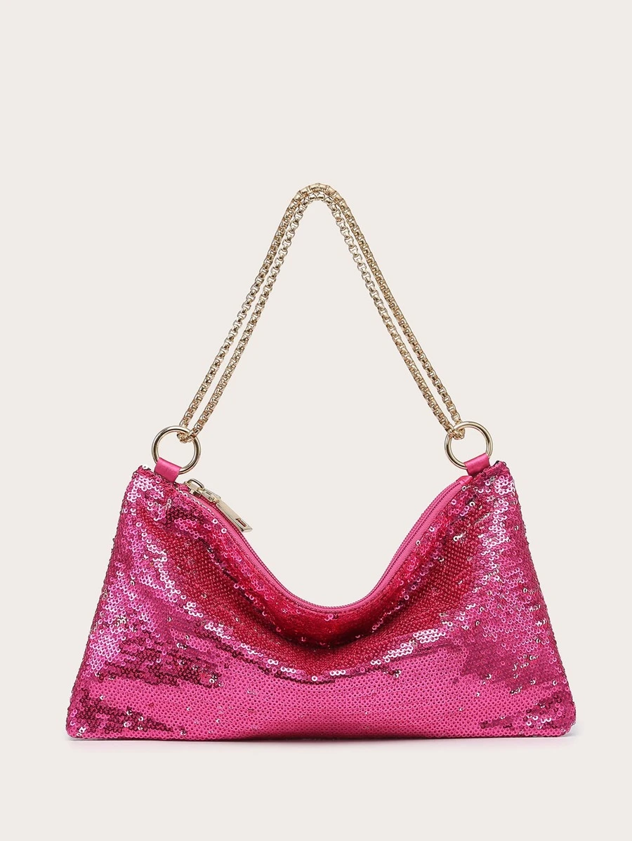 滿版亮片裝飾手拿包 - 玫紅色 - 查看 1
