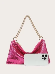 滿版亮片裝飾手拿包 - 玫紅色 - 查看 4