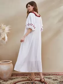 Al Najma Puff Sleeve Embroidery Yoke Smock Dress - White - View 3