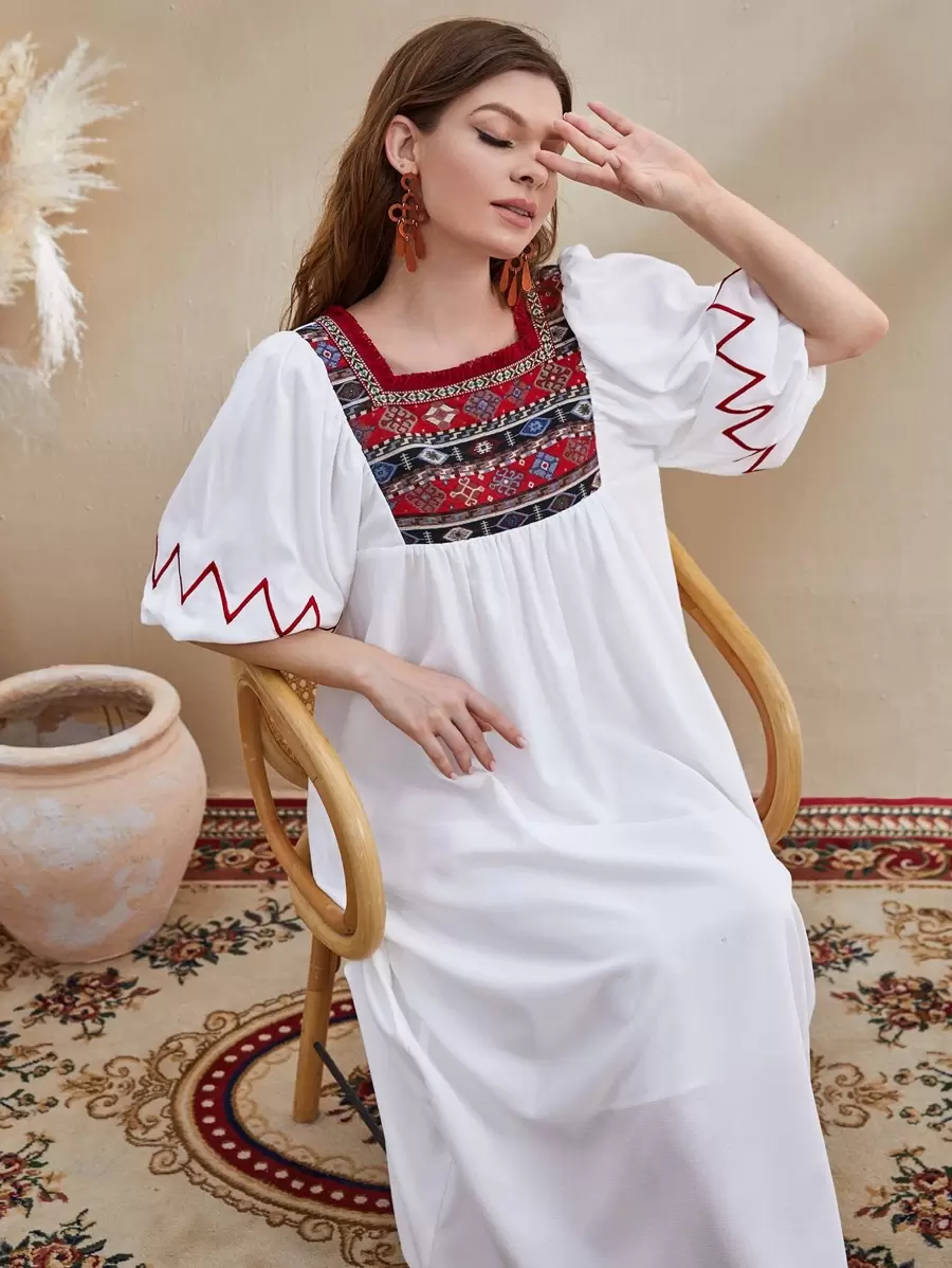 Al Najma Puff Sleeve Embroidery Yoke Smock Dress - White - View 1