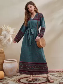 Seusyu Allover Print Belted V-neck Dress - Multicolor - View 3