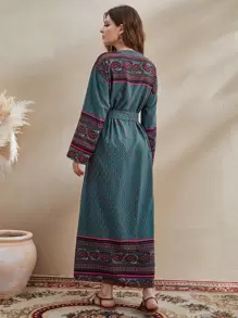 Seusyu Allover Print Belted V-neck Dress - Multicolor - View 4