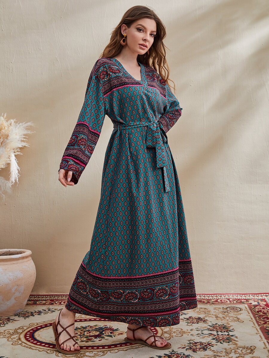 Seusyu Allover Print Belted V-neck Dress - Multicolor - View 1