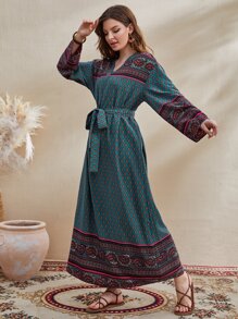 Seusyu Allover Print Belted V-neck Dress - Multicolor - View 5