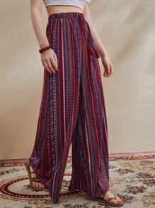 Al Najma Pantalones palazzo con estampado mixto con fleco de cintura con nudo - Multicolor - Ver 4