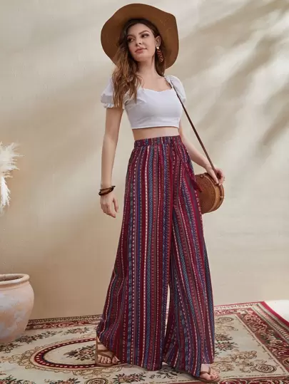 Al Najma Mixed Print Tassel Knot Waist Palazzo Trousers