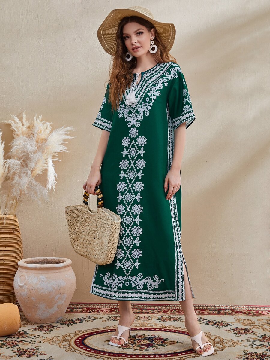 Mulvari Tie Neck Split Side Floral Print Dress - Dark Green - View 1