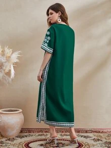 Mulvari Tie Neck Split Side Floral Print Dress - Dark Green - View 2