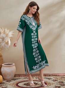 Mulvari Tie Neck Split Side Floral Print Dress - Dark Green - View 4