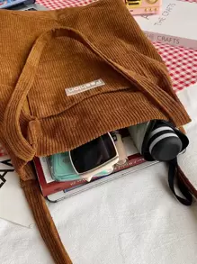 Minimalist Corduroy Tote Bag Retro Student School Bag Large Capacity Shoulder Bag Lightweight,Business Casual Letter Patch Corduroy Shoulder Bag For Teen Girls Women College Students,Rookies & White-collar Workers Perfect for Office,College,Work ,Business,Commute - Brown - View 3