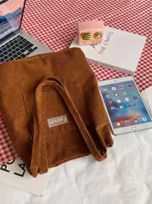 Minimalist Corduroy Tote Bag Retro Student School Bag Large Capacity Shoulder Bag Lightweight,Business Casual Letter Patch Corduroy Shoulder Bag For Teen Girls Women College Students,Rookies & White-collar Workers Perfect for Office,College,Work ,Business,Commute - Brown - View 4