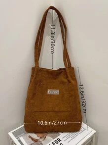 Minimalist Corduroy Tote Bag Retro Student School Bag Large Capacity Shoulder Bag Lightweight,Business Casual Letter Patch Corduroy Shoulder Bag For Teen Girls Women College Students,Rookies & White-collar Workers Perfect for Office,College,Work ,Business,Commute - Brown - View 5