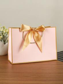 1pc Bow Decor Simplicity Gift Bag, Simple Double Handle Gift Wrapping Bag For Party, Wedding - View 1