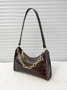 Bolso baguette con cocodrilo en relieve con cadena - Café integral - Ver 3