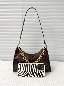 Bolso baguette con cocodrilo en relieve con cadena - Café integral - Ver 6