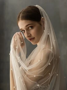 1pc Style 2.3m Long Bridal Veil With Pearl Trailing, Single Layer Hand-Sewn Comb For Wedding Dress Accessories Fall Clothes For Women - White - View 4