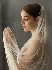 1pc Style 2.3m Long Bridal Veil With Pearl Trailing, Single Layer Hand-Sewn Comb For Wedding Dress Accessories Fall Clothes For Women - White - View 5