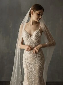 1pc Style 2.3m Long Bridal Veil With Pearl Trailing, Single Layer Hand-Sewn Comb For Wedding Dress Accessories Fall Clothes For Women - White - View 6