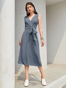 KES Surplice Neck Belted Dress - Dusty Blue - View 1
