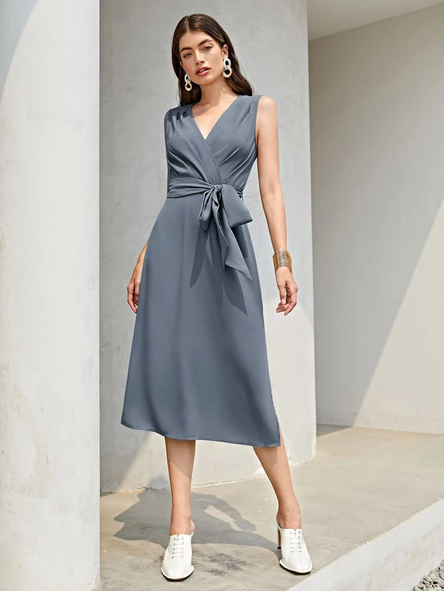 KES Surplice Neck Belted Dress - Dusty Blue - View 1