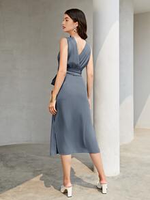 KES Surplice Neck Belted Dress - Dusty Blue - View 2